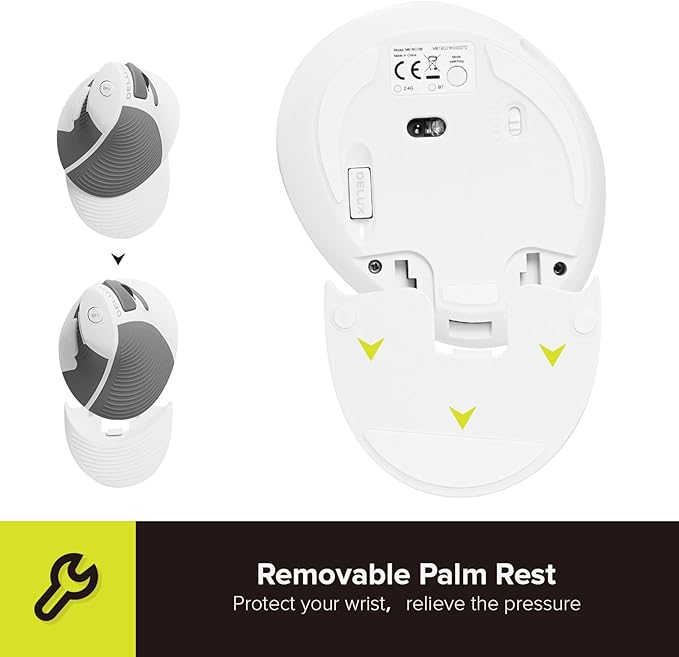 DELUX Ergonomic Vertical Mouse Wireless, Rechargeable Vertical Mouse, Bluetooth/2.4G Dual Mode, Slient Click, Removable Wrist Rest, 800/1200/1600DPI Levels, 6 Buttons, for Laptop/PC (M618G DB-White)