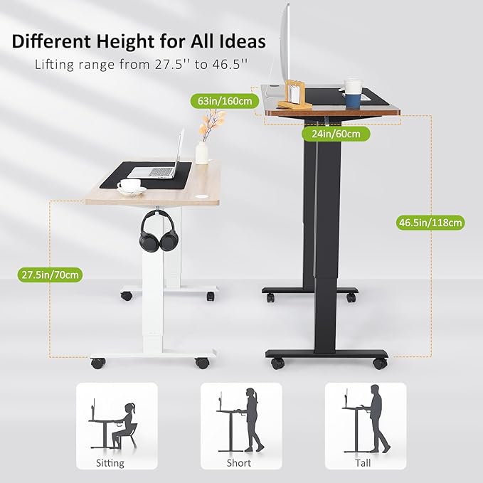farexon Electric Standing Desk Adjustable Height, 63x24 Inches Stand up Desk with Rolling Wheels, Mouse Pad,Home Office Writing Gaming Computer Workstation Table(White)