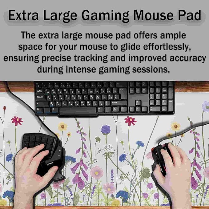Desk Mouse Pad Flower Keyboard Mat, Mouse Pads Office Desk Pad, The Mousepad Non-Slip Rubber Base Waterproof with Stitched Edges, 35.4" X 15.7" for Work/Game/Office/Home Floral Nature Plant