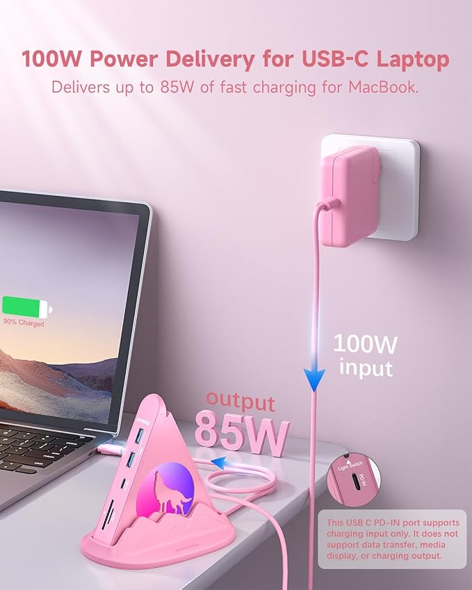 USB C Hub, Pink 8-in-1 Type C Multiport Adapter with 4K@30Hz HDMI, 100W PD, 5Gbps 1xUSB-C, 3xUSB-A 3.0, SD/TF Slots ＆ RGB Lighting, Pink USB Hub for MacBook Air/Pro, iPad, iMac, Surface, XPS