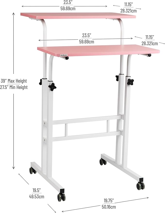 Mind Reader Standing Desk, Adjustable Height Laptop Workstation, Portable Rolling Desk on Wheels, Two-Tier Metal Frame, Pink