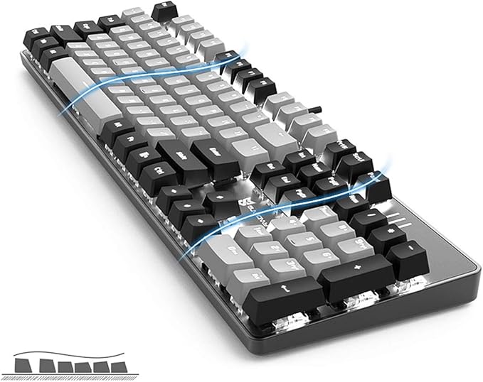 104 Keys Wired Mechanical Gaming Keyboard | White LED Backlit US Layout | Hot Swappable Blue Switch Full Size Mechanical Keyboard | Black & Grey Keycaps Light Up PC Gaming Computer Keyboards