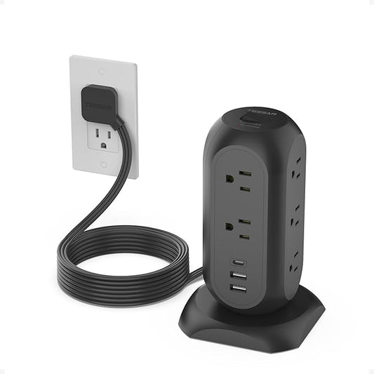 Surge Protector Power Strip Tower, TESSAN 10 Ft Flat Plug Extension Cord with 11 Outlets 3 USB (1 USB C), 1050J Protection, Desk Charging Station for Home, Office, Dorm Room Essentials, Black