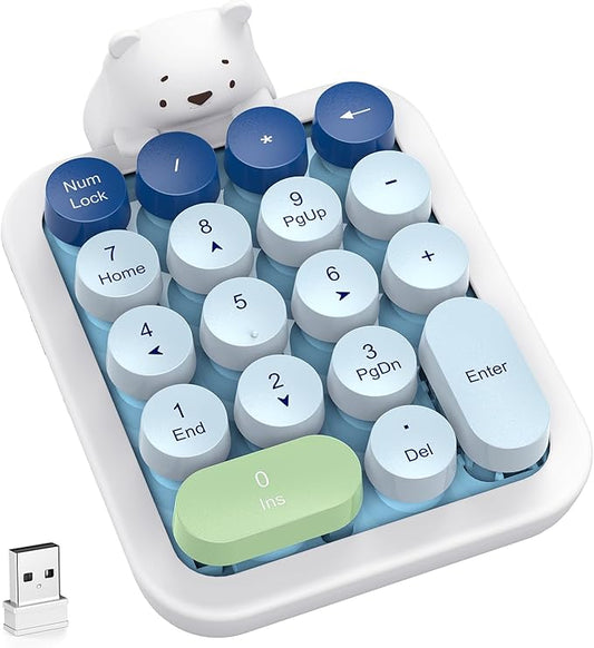 MOFII Cute Colorful Wireless Number Pad with Silicone Cover & Cute Bear Ornament, 2.4GHz Stable Wireless, Financial Accounting Extension (Blue Colorful)