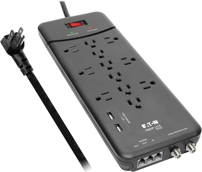 Eaton Tripp Lite TLP128TTUSBB Surge Protector Power Strip, 2 USB Charging Ports, 12 Outlets, Flat Plug 8ft Extension Cord, 4320 Joules | Coax and RJ11 Port for Home Phone, TV, & WiFi Router Protection