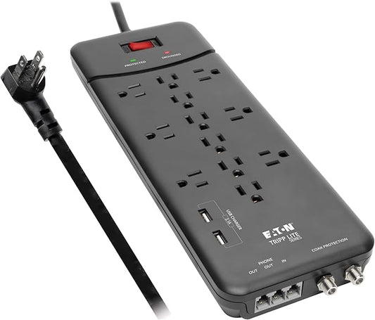 Eaton Tripp Lite TLP128TTUSBB Surge Protector Power Strip, 2 USB Charging Ports, 12 Outlets, Flat Plug 8ft Extension Cord, 4320 Joules | Coax and RJ11 Port for Home Phone, TV, & WiFi Router Protection