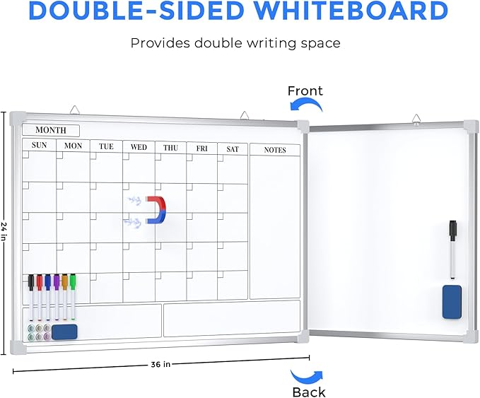 MaxGear Large Monthly Dry Erase Board for Wall, 36"x24" Magnetic Double-Sided White Board Calendar, Hanging Whiteboard for Planning, Drawing, Memo, to Do List - School, Home, Kitchen, Office