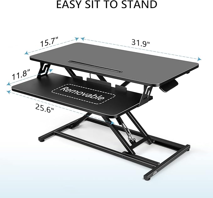 Standing Up Desk Converter 32" Height Adjustable Sit Stand Desk with Removable Keyboard Tray, Large Desk Riser Ergonomic Gas Spring Dual Monitor Workstation for Home Office