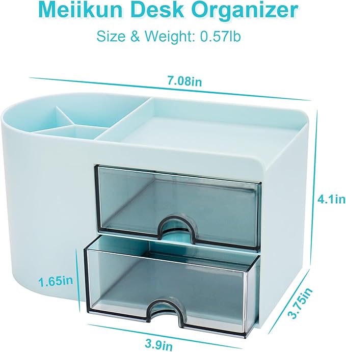 Desk Organizer with Drawer, Pen Organizer for Desk, Small Pencil Holder, Desk Organizers and Accessories for Office Home Storage (2 Drawers+4 Compartments, Blue)
