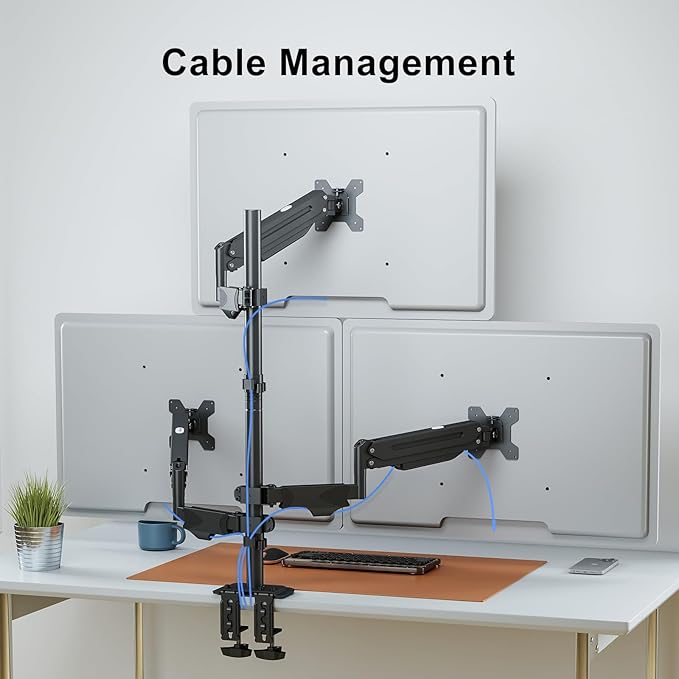 Pholiten Triple Monitor Stand, Mount for 3 Screens up to 32 inches & 22lbs Each, Full Motion Gas Spring Monitor Arm with Clamp Mounting, for Desktops, Computer Monitors