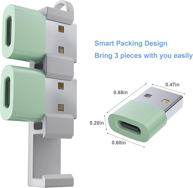 USB to USB C Adapter,3Pack USBC Female to USB A Male with Convenient Carrier, Type C Converter for iPhone 17/16/15/14/13/12, iPad, iWatch, AirPods,Galaxy S25/S24 (Green)