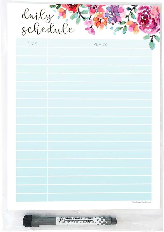 Dry Erase Daily Schedule Planner Sticker Decal by Glassboard Studio | Removable & Reusable | Magnetic Fine-Tip Marker Included (9 x 12 inches, Floral)