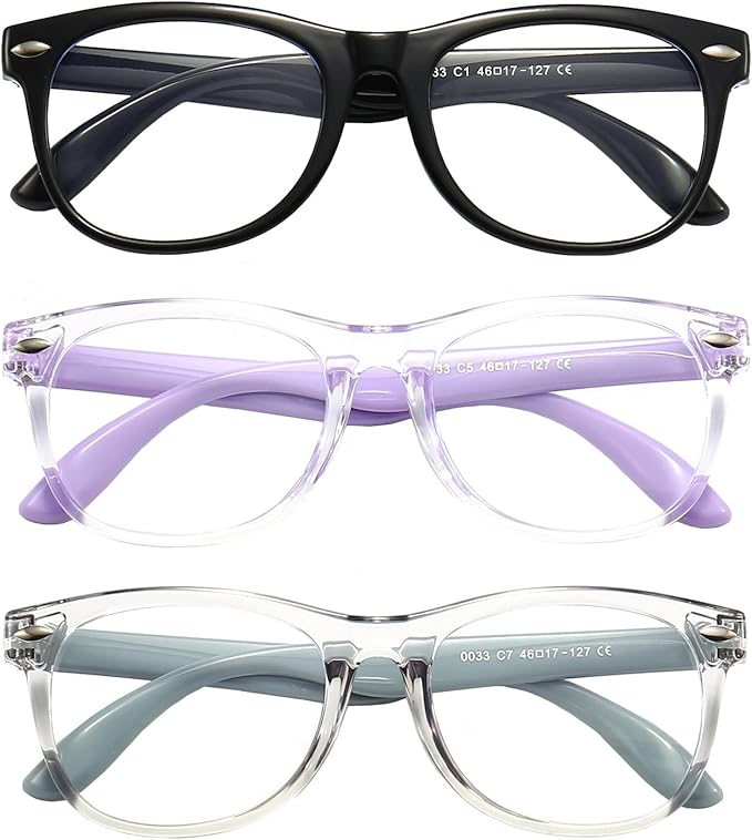 3 Pack kids Blue Light Blocking Glasses For Girls And Boys Computer Blue Light Blocking Glasses For Age 3-9 (Black + Light purple + Light gray)