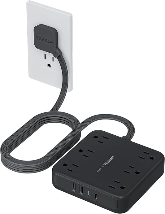 TESSAN 10Ft Black Extension Cord with Multiple Outlets, Flat Plug Surge Protector Power Strip with 6 Outlets and 4 USB Ports (2 USB C), PD 20W Fast Charger, 2100J Protection, for Home, Office, Dorm