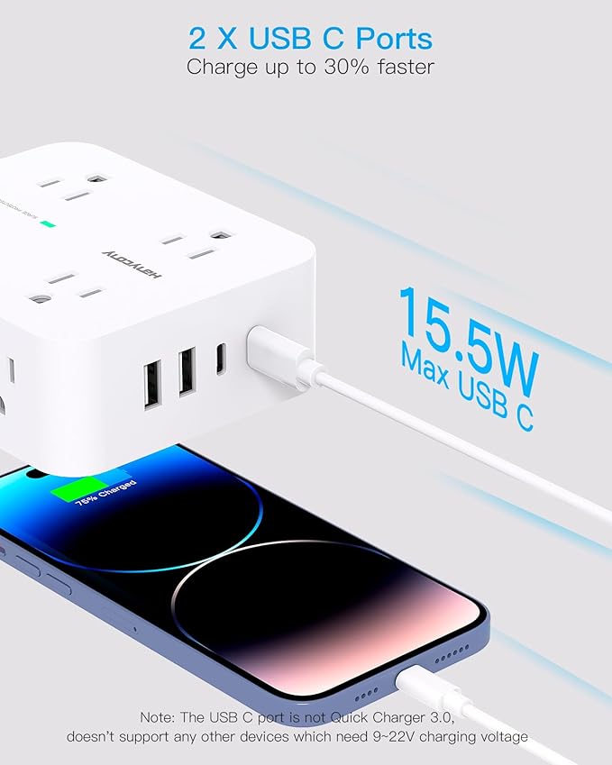 10 Ft Surge Protector Power Strip, HANYCONY Extension Cord with 8 AC Outlets 4 USB (2 USB C) Ports, Flat Plug, Wall Mount Desk USB Charging Station for Home