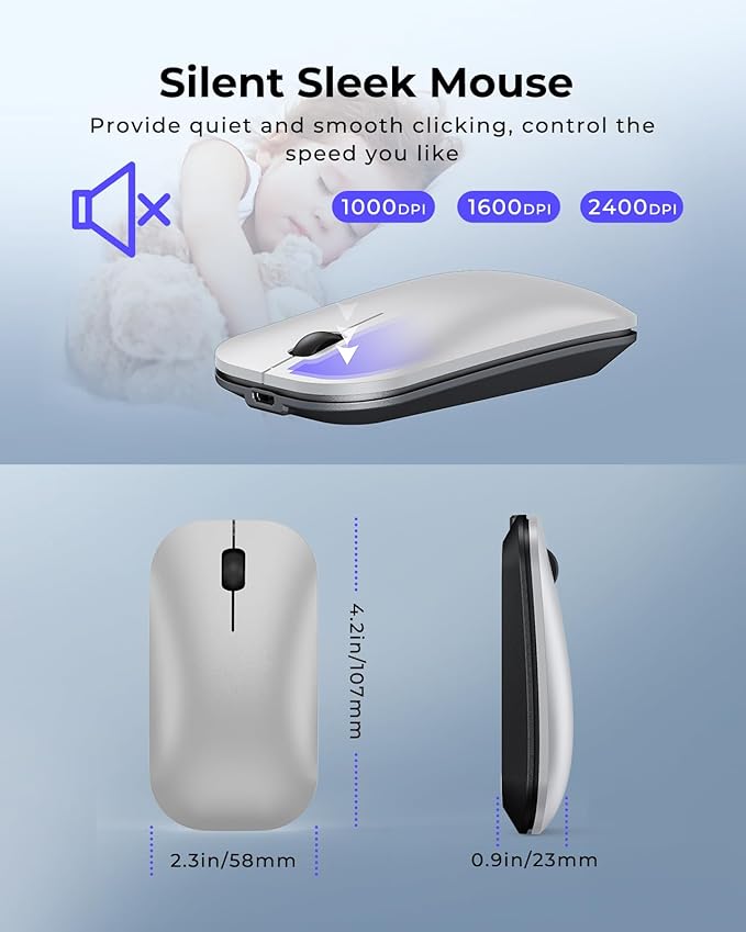 seenda Wireless Bluetooth Keyboard and Mouse Combo, SKM64-3 Rechargeable Slim Quiet Keyboard Mouse, 3 Multi-Device Connection, Compatible for Windows, Mac, MacBook, iPad, Tablet, Black Silver