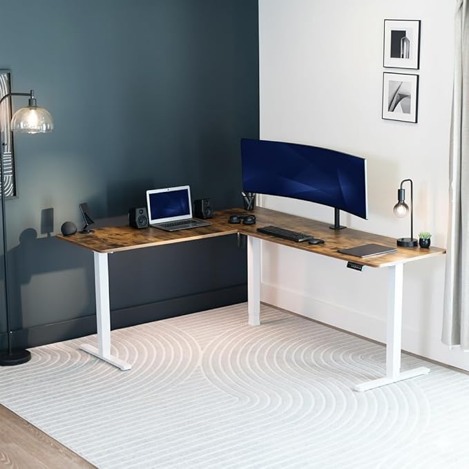 VIVO Large Electric Single Motor Height Adjustable 3-Leg CornerStanding Desk Frame, Holds up to 225 lbs, Sit Stand L-Shaped Motorized Legs Only, White, DESK-E375W