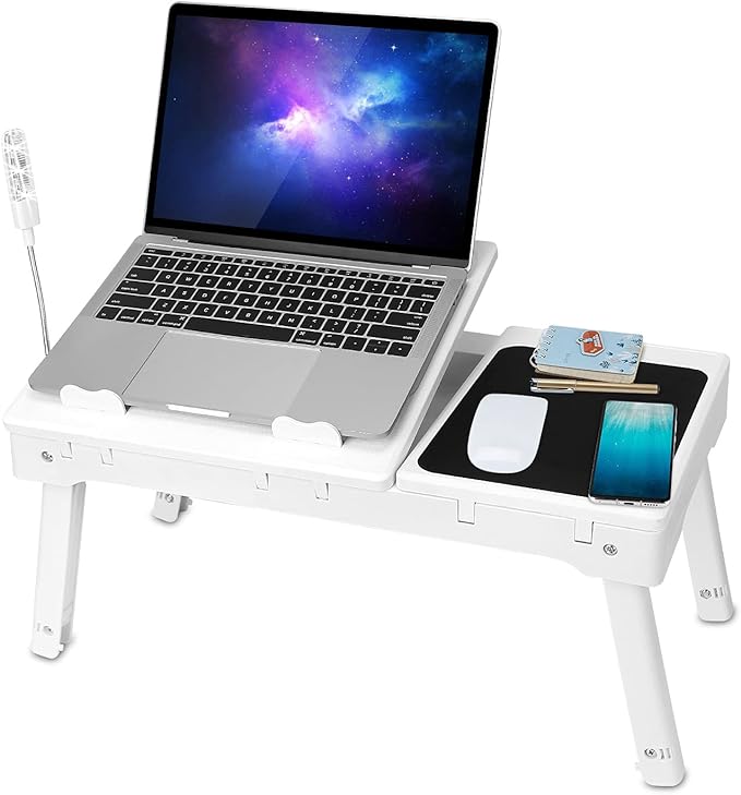 iMountek Laptop Table Bed Notebook Desk-Multi-Functional Laptop Bed Table Tray with Internal Cooling Fan, Laptop Desks with LED Light, 4 USB Ports, Storage, Mouse Pad (white)