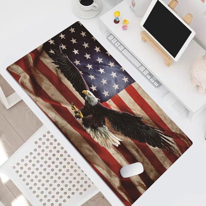 EOBTAIN Gaming Large Mouse Pad Vintage American Flag Desk Mat for Keyboard and Computer 31.5x15.7 Inch Non-Slip Rubber USA Bald Eagles XXL Mousepad with Stitched Edges for Office Laptop and Home