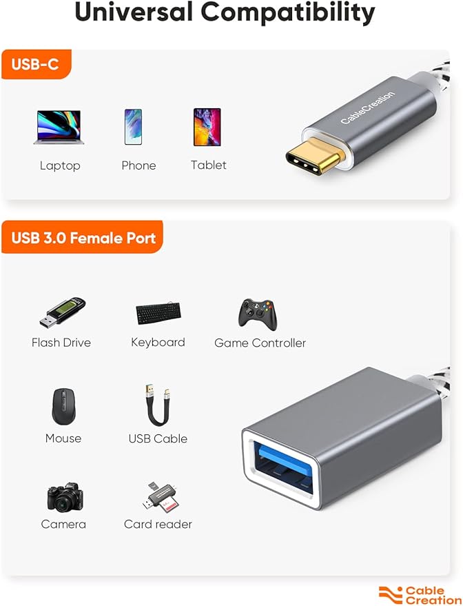 CableCreation USB to USB C Adapter 0.5FT/0.15m, USB C OTG Cable,Type C to USB A Female Connector for MacBook Pro Air, iPad mini/Pro, XPS, Galaxy S22 Ultra, iPhone 16, Surface Go