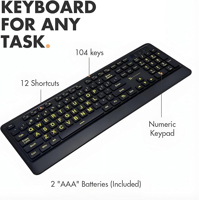 X9 Performance Large Print Wireless Keyboard and Mouse Combo - Easy to See Yellow Letters for Seniors and Low Vision Users - 2.4Ghz Wireless Mouse and Keyboard Combo for PC