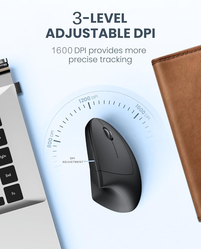2.4G Wireless Vertical Mouse, Rechargeable Ergonomic Optical Mice: 3 Adjustable DPI 800/1200/1600 Levels 6 Buttons, for Laptop, PC, Computer, Desktop, Notebook etc, Black