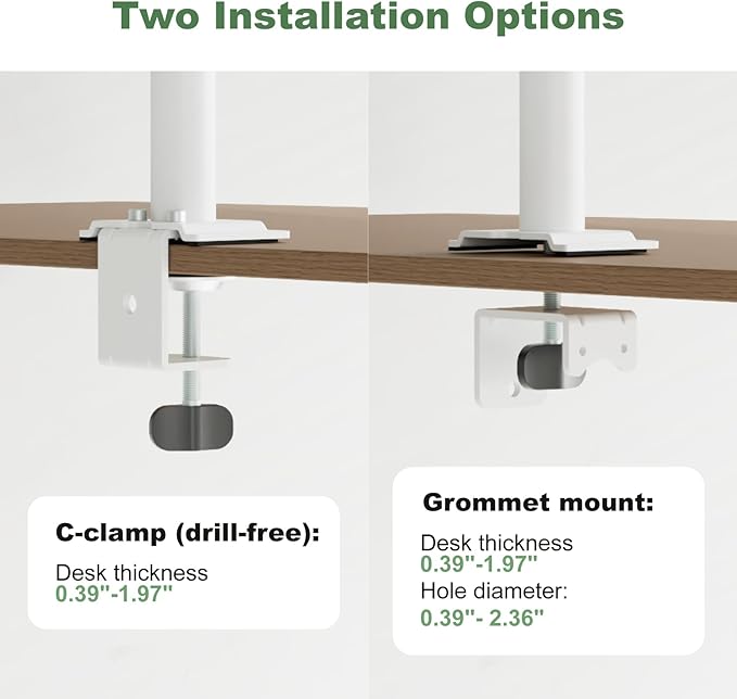 Dual Monitor Mount Stand for Two 17"-32" Flat/Curved Computer Screens, Fully Adjustable Dual Monitor Arms Hold up to 17.6lbs, VESA 75x75/100x100mm, C-Clamp/Grommet Base, White