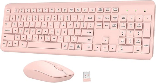 Wireless Keyboard and Mouse Combo, Full-Size Silent Ergonomic Keyboard and Optical Mouse, Long Battery Life, 2.4GHz Lag-Free Cordless Mice Keyboard for Computer, Mac, Laptop, PC, Windows(Pink)