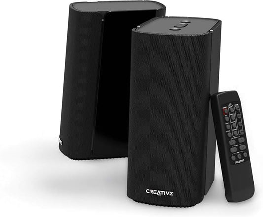 Creative T100 2.0 Compact Hi-Fi Speakers, up to 80W Peak Power with Bluetooth 5.0, Optical-in, AUX-in, Wide Soundstage and Audio Clarity with Bass Control for Computers and Laptops (Black)