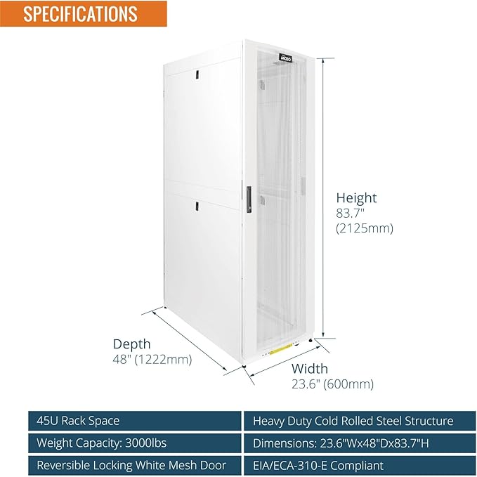 Tecmojo 45U Server Rack Cabinet - PRE-Assembled 24inch Width 48inch Depth IT Network Equipment Cabinet Rack Enclosure with Casters - 3000lbs Weight Capacity(06White)