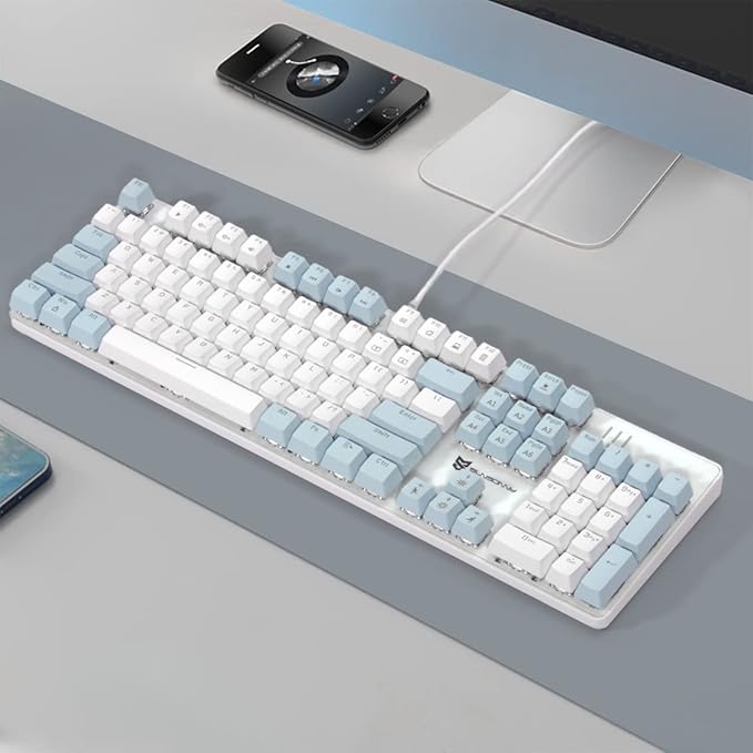 104 Keys US Layout Wired Mechanical PC Gaming Keyboard | White LED Backlit Hot Swappable Brown Switch Full Size Mechanical Keyboard | Blue & White Keycaps Wired Gaming Computer Keyboards