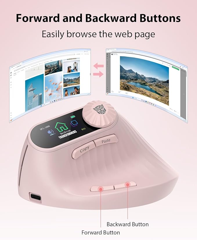 Transformers Vertical Ergonomic Mouse with LED Screen & Knob Control, Rechargeable Vertical Mouse Wireless, 3-Device Connectivity (2.4G + Dual Bluetooth), Computer Mice for PC/Mac/Laptop, Pink