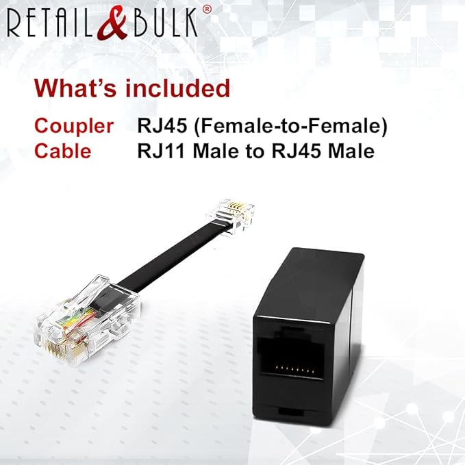 1-Pack RJ11 to RJ45 Adapter Phone Line to Ethernet – RJ45 Female to RJ11 Male for Landline, Fax, DSL Modem Connection (Black, Made in USA)