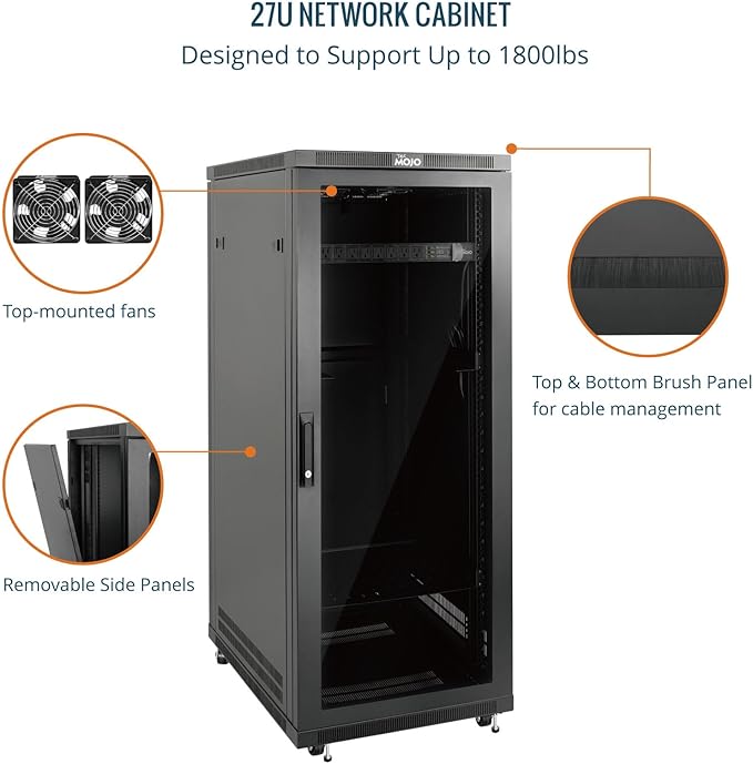 Tecmojo Network Rack Cabinet,27U Server Rack,23.6 Inch Depth,Hold Up to 1800Lbs,Lockable Cabinet with Casters and Complete Accessories,Clear Door,for Home,Office,Small Business (27U 23.6" w*23.6" d)