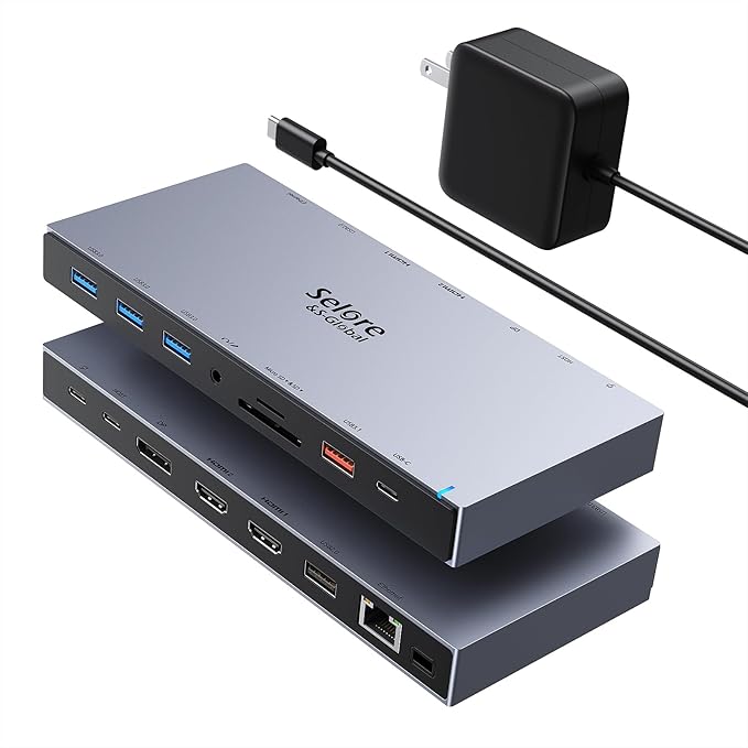 Selore Docking Station 3 Monitors, 15-in-1 USB-C Hub with 100W PD & 65W Power Adapter, Dual 4K HDMI, DisplayPort, 10Gbps USB-A/C, Gigabit Ethernet, SD/microSD Card Reader for Dell XPS/HP/Lenovo