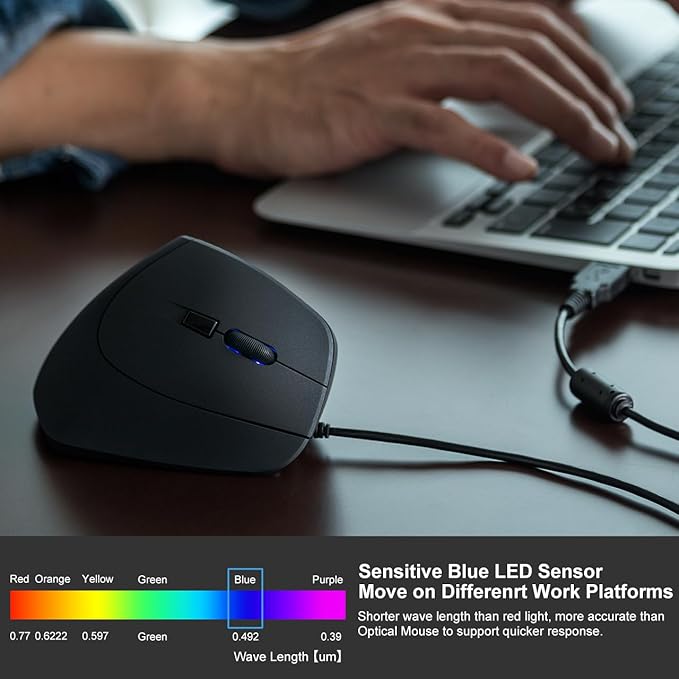 SANWA Wired Ergonomic Mouse, Optical Vertical Computer Mice, Reduce Wrist Strain, (1000/1600 Adjustable DPI, 6 Buttons) Compatible with MacBook, Laptop, Desktop, Windows, Mac OS for Office & Gaming