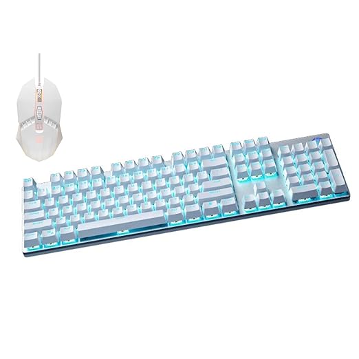 HP GK400F Mechanical Gaming Keyboard, Wired USB, 104 Keys Full Size, Tactile Brown Switch, Blue LED Backlit, Anti-Ghosting, Ergonomic Metal Panel, ABS Keycaps, Silver & White