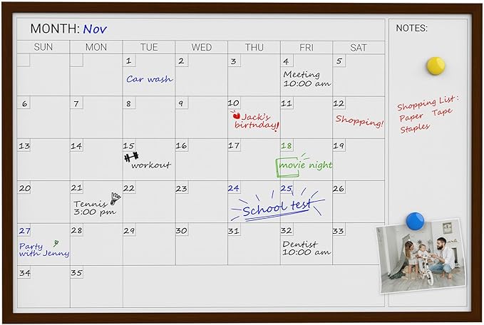 Comix Dry Erase Calendar Whiteboard for Wall, Magnetic Dry Erase White Calendar Board with Brown Wood Frame, 36 * 24 inches Decorative Planner Board for Office, Kitchen, School, Home