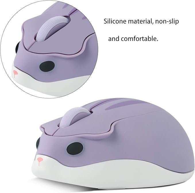 elec Space Cute Animal Hamster Shape Wireless Mouse - Silent, 3-Button Design for Laptop & PC; Includes Random Color Cable Clip - Perfect Computer Mouse(Purple)