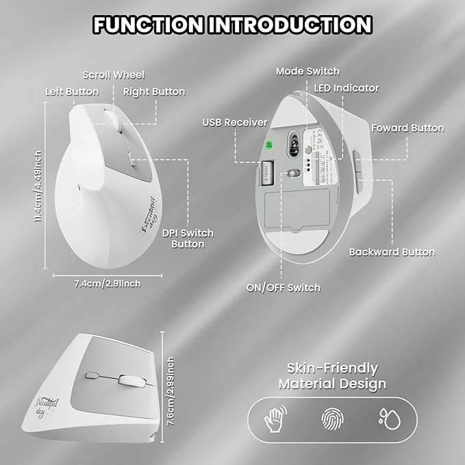 A.JAZZ I300 Bluetooth and 2.4G Rechargeable Wireless Mouse,Ergonomic Vertical Design Optical Mouse Computer Mice,800/1200/1600 DPI,Quiet Clicks,84G Lightweight for Laptop, Desktop, PC, MacBook(White)