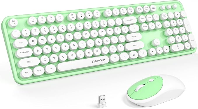 KNOWSQT Wireless Keyboard and Mouse Combo - White-Green Full-Sized 2.4 GHz 104 Keys Typewriter Keyboard, Flexible Round Keycap and Optical Mouse for Windows, Computer, PC, Laptop, Desktop, Mac