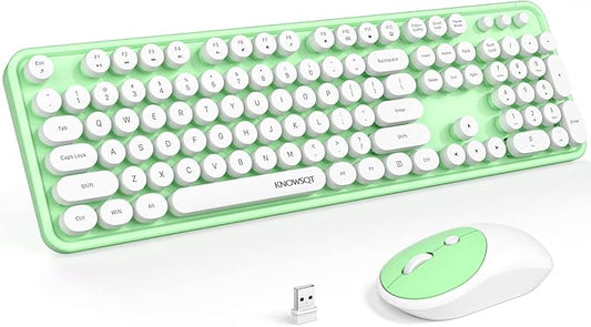 KNOWSQT Wireless Keyboard and Mouse Combo - White-Green Full-Sized 2.4 GHz 104 Keys Typewriter Keyboard, Flexible Round Keycap and Optical Mouse for Windows, Computer, PC, Laptop, Desktop, Mac