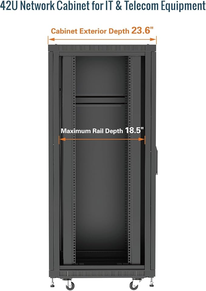 Tecmojo 42U Server Rack Network Cabinet 23.6" D x 23.6" W, Locking Data Cabinet Enclosure for 19" Server, Networking, AV & IT Equipment, Clear Door, Black