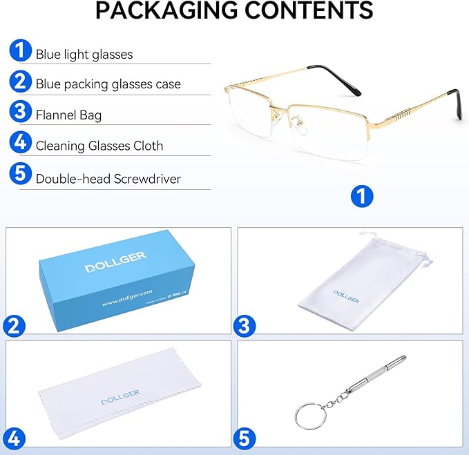 Dollger Rectangle Blue Light Glasses for Men Metal Anti Bluelight Blocking Glasses for Computer Fashion Small Half Frame