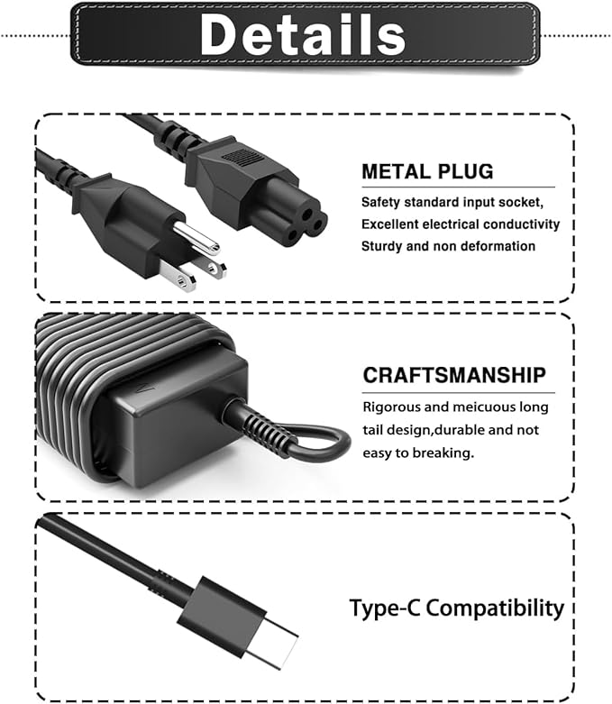 65W 45W USB C Laptop Charger Compatible with HP EliteBook 830 835 840 845 860 865 640 650 655 1040 G8 G9 G10 G11 Probook 440 445 450 455 460 465 G8 G9 G10 G11 Chromebook