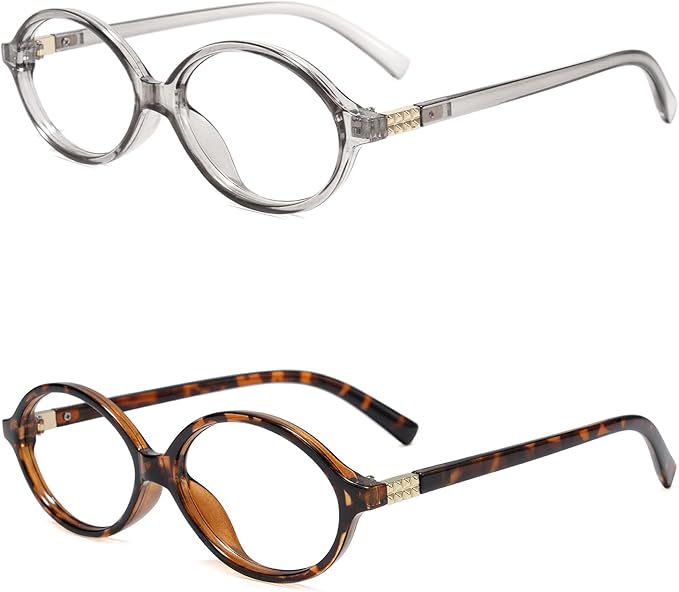 Slocyclub 2 pack Fashion Oval Glasses for Women Men Vintage Oval Small Frame Eyeglasses Retro Blue Light Blocking Glasses, Grey and Whiskey Tortoise