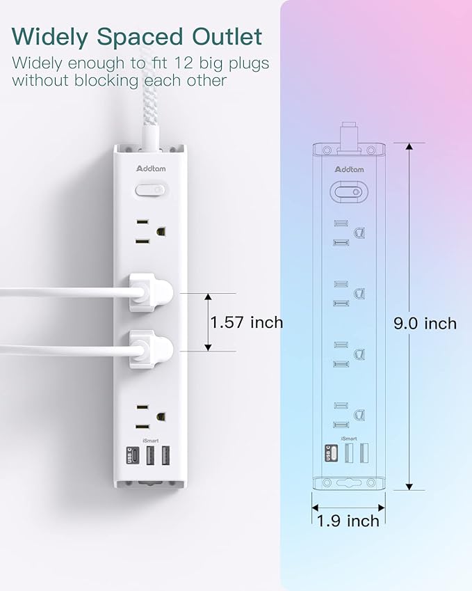 Surge Protector Power Strip - 15 FT Extension Cord, Power Strip with 12 Widely AC Outlet 3 USB, Flat Plug Wall Mount Overload Protection, 1050J, Desk Charging Station for Home Office, ETL Listed,White
