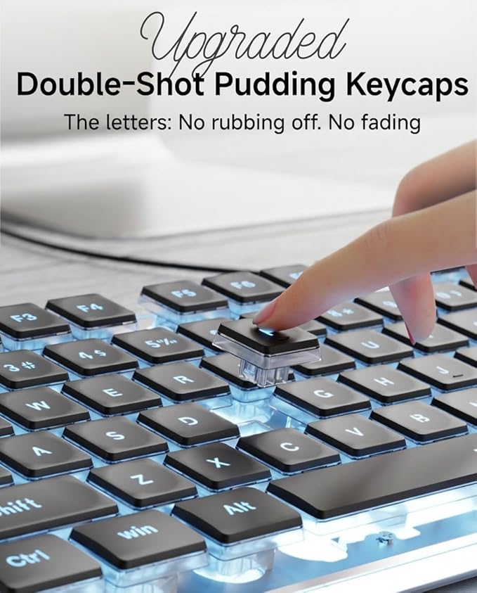 EWEADN GX710S Backlit Computer Keyboards, Wired USB Keyboard with Blue Backlit, Metal Panel, Plug and Play, Pudding Keycaps Full Size Quite Computer Keyboard for Win/PC/Laptop-Black