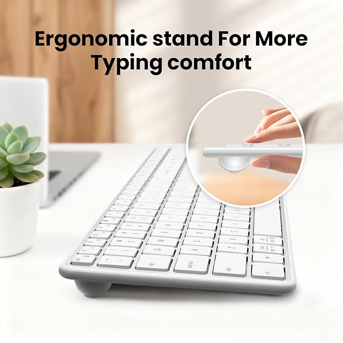 Wireless Bluetooth Keyboard Stainless Steel Multi-Device Full Size Keyboard with Numeric Keypad Low Profile Silent Cordless Keyboards Quiet Typing for Computer/Windows/PC/Laptop(Silver White)