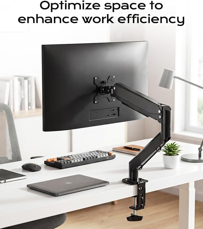 Gas Spring Monitor Arm 35 Inch,Adjustable Single Monitor Desk Mount with Swivel/Tilt/Rotation,Computer Monitors Stand Holder with Clamp Mounting Base, VESA Mount Bracket